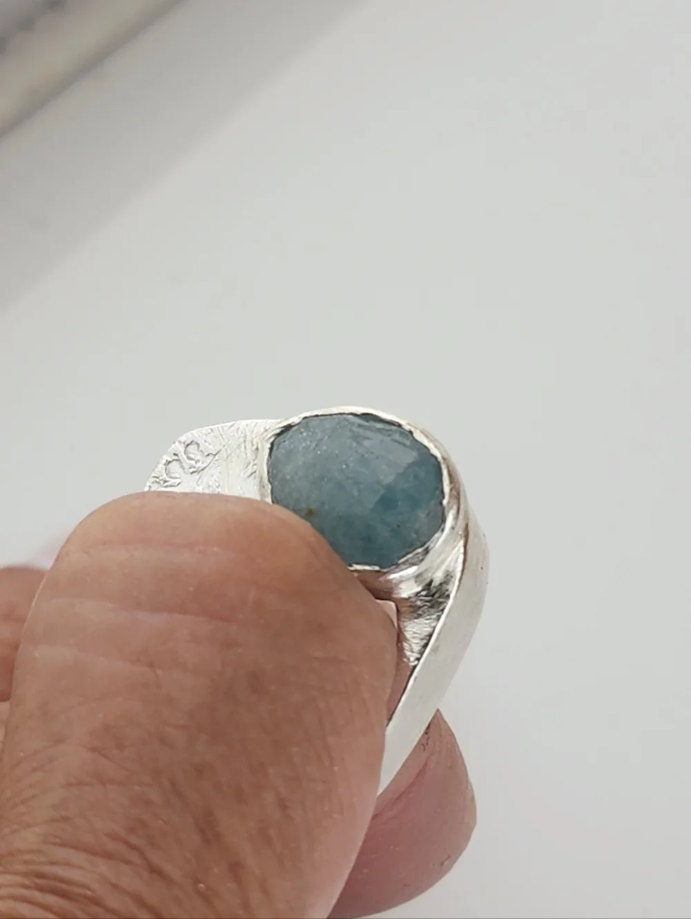 AQUAMARINE HALLOW EMBOSSED RING HANDMADE IN STERLING SILVER SIZE 7.50